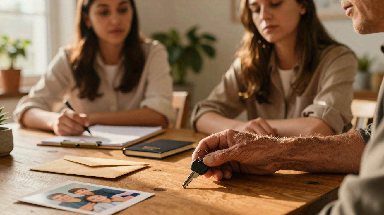 Pessoa a entregar chave numa mesa com fotografias, envelopes e duas mulheres a tomar notas ao fundo.