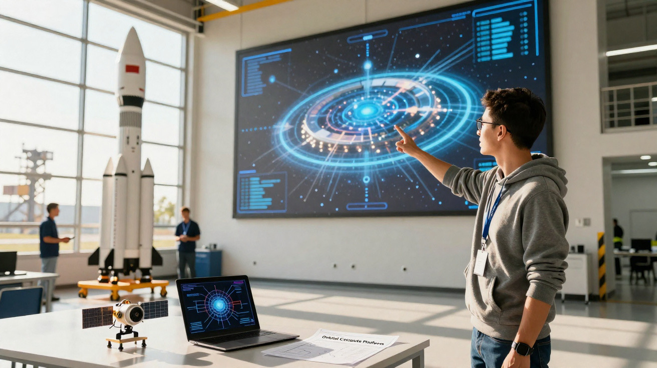 Jovem aponta para gráfico espacial num ecrã grande, com modelo de foguetão e satélite numa sala de investigação.