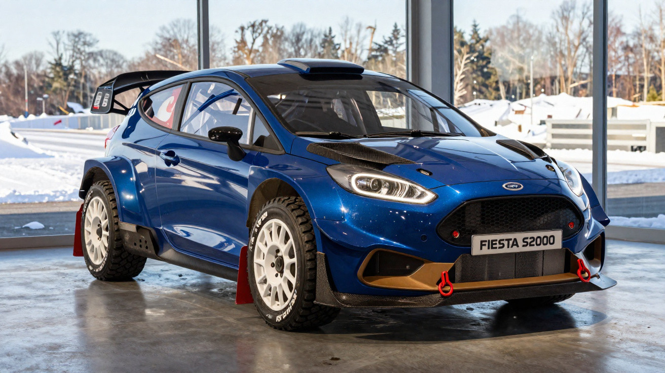 Carro de rali azul Ford Fiesta S2000 parado no interior com neve visível através das janelas.