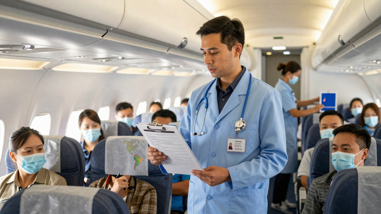 Médico com jaleco verifica documentos e passageiros usam máscaras dentro de avião durante voo.