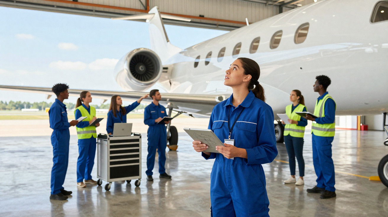 Técnicos de manutenção aeronáutica em uniforme azul verificam jato privado numa hangar ampla e iluminada.