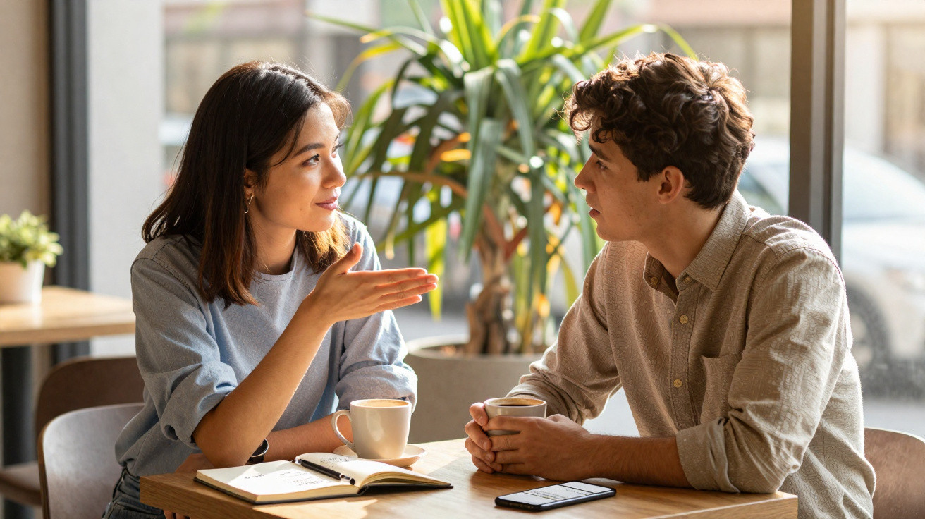 Duas pessoas sentadas numa mesa de café, a conversar, com chávenas e um caderno à frente.