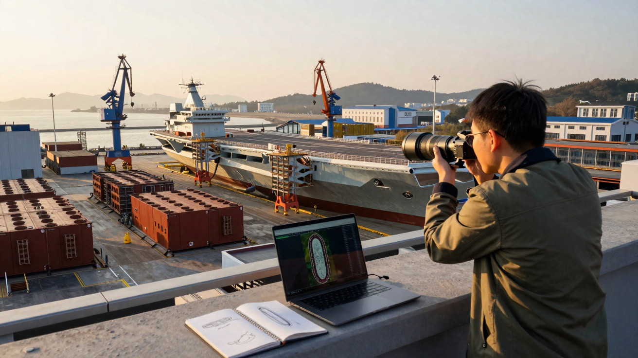 Homem a tirar fotografias a um navio num estaleiro naval ao pôr do sol, com portátil e caderno à frente.