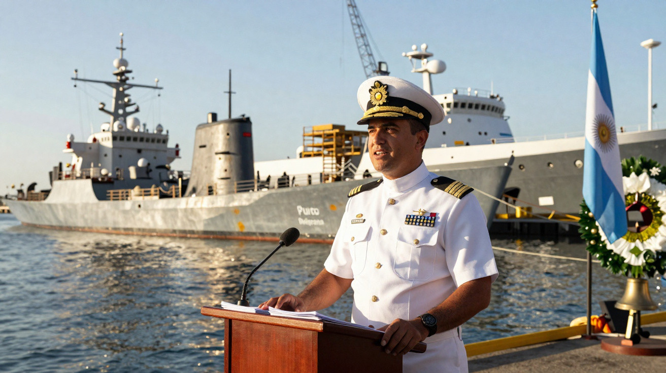 Oficial da marinha em uniforme branco a discursar junto a um porto com navios militares ao fundo.