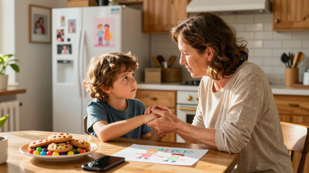 Mulher e criança sentados à mesa da cozinha, conversando e segurando as mãos, com desenho e doces na mesa.