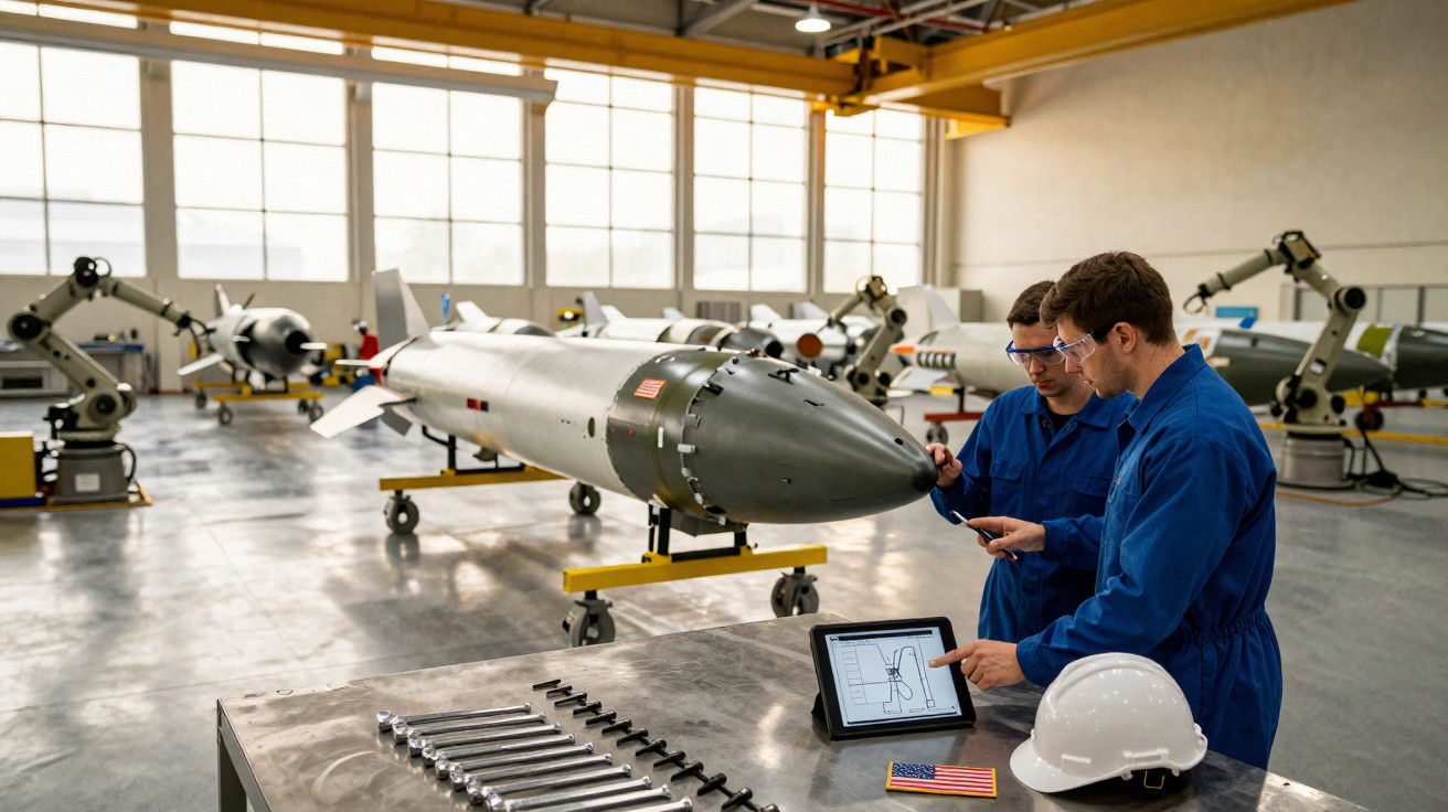 Dois engenheiros em macacão azul analisam plano técnico em tablet numa fábrica de mísseis.