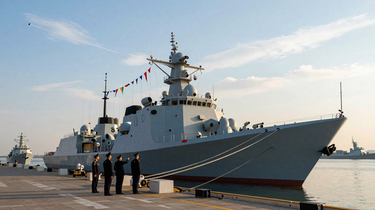 Navio de guerra atracado com cinco marinheiros fardados na doca ao entardecer.