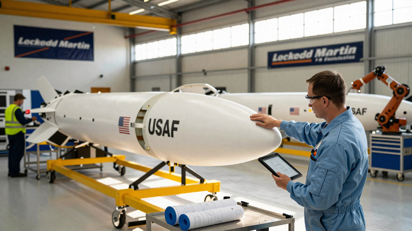 Homem com tablet inspeciona míssil branco com marcações USAF numa fábrica da Lockheed Martin.