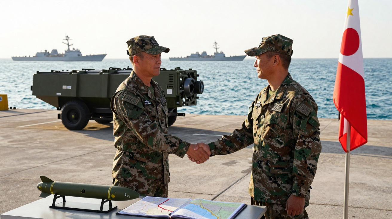 Dois soldados em uniformes camuflados apertam as mãos num cais junto ao mar, com navios ao fundo e uma mesa com mapa e míssil