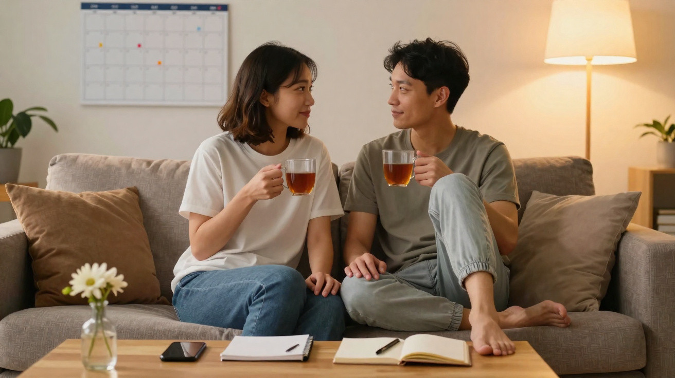 Casal sentado no sofá a beber chá e conversar, com mesa, cadernos, telemóvel e candeeiro na sala.