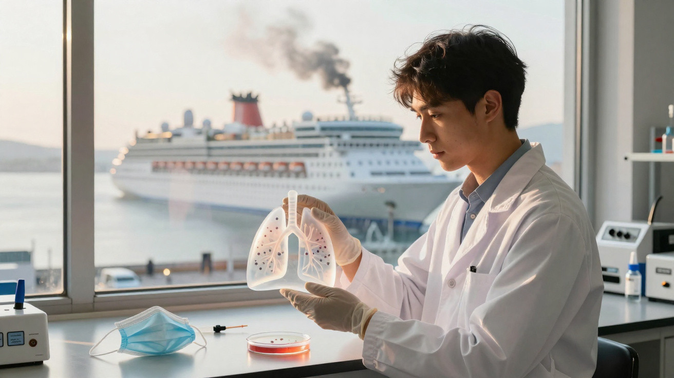 Homem de bata branca a analisar modelo de pulmão num laboratório com vista para um navio cruzeiro.
