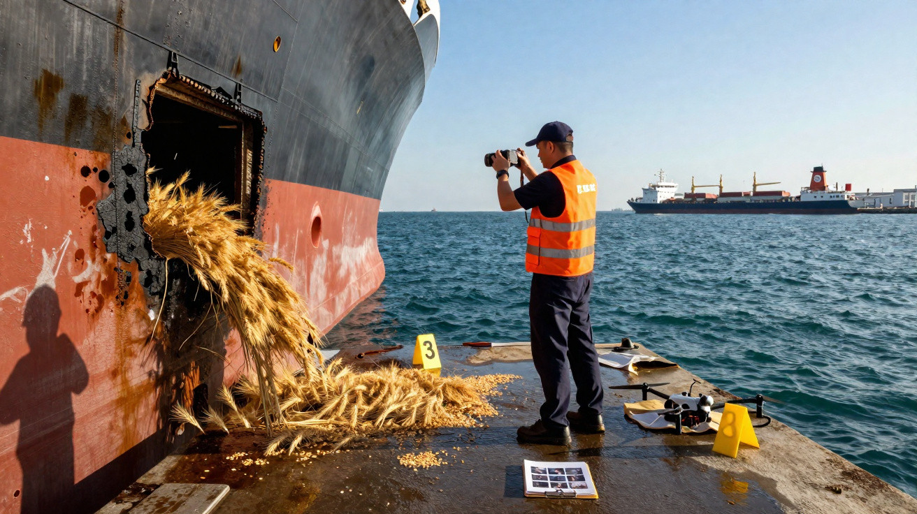Homem de colete refletor regista com telemóvel saída de trigo de navio para cais no porto marítimo.