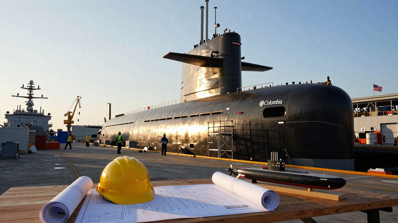 Submarino militar negro atracado, com capacete amarelo e plantas técnicas em primeiro plano num estaleiro naval.