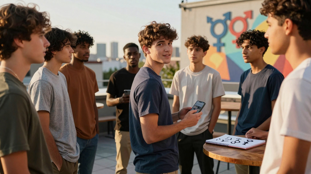 Grupo de jovens homens reunidos no terraço, alguns seguram telemóveis e há desenhos de símbolos de género numa mesa.