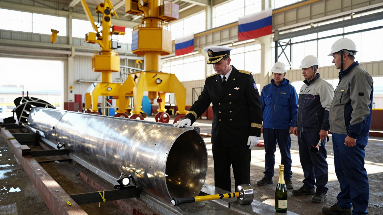 Homem em uniforme naval e três trabalhadores com capacetes observam um cilindro metálico numa fábrica.