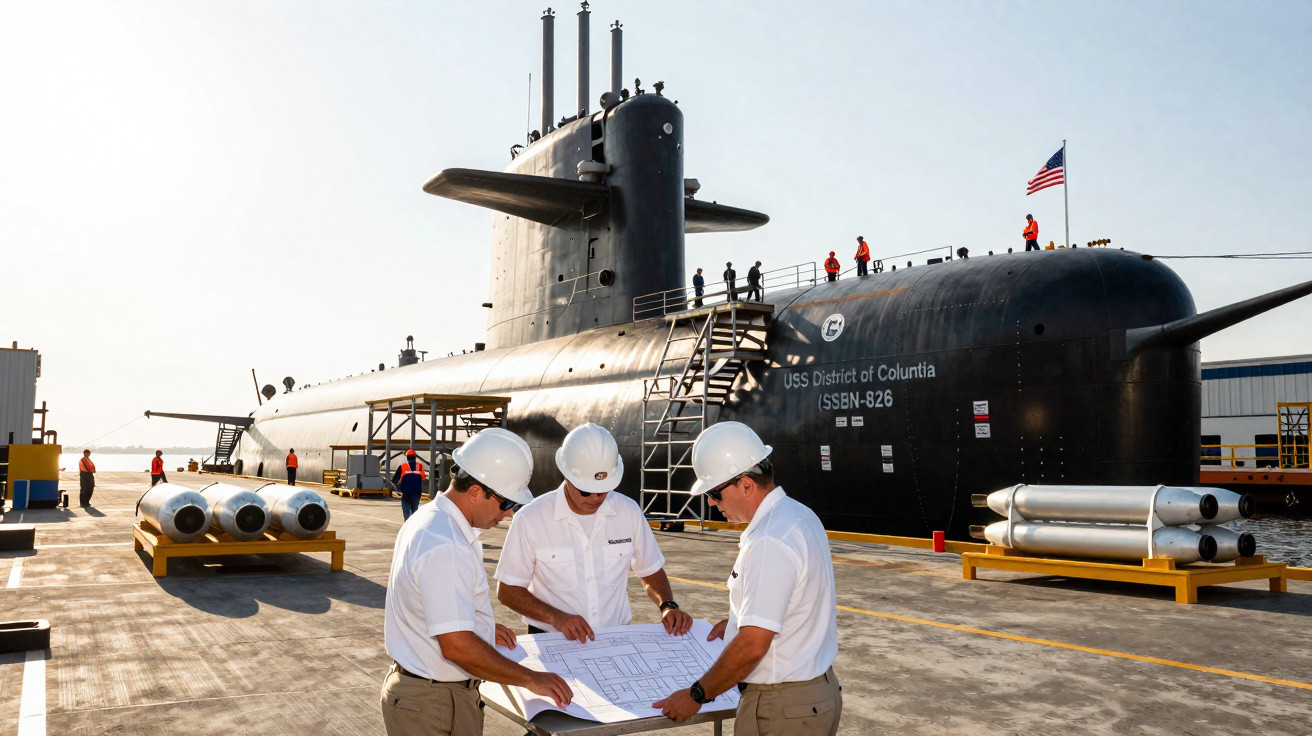 Submarino USS District of Columbia atracado com três engenheiros a analisar plantas na doca.