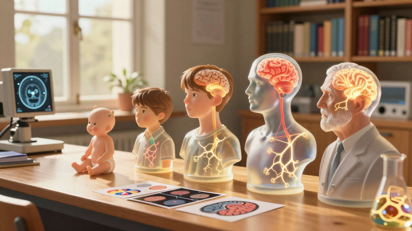 Modelos em miniatura que ilustram o desenvolvimento do cérebro e do sistema nervoso ao longo da vida humana.