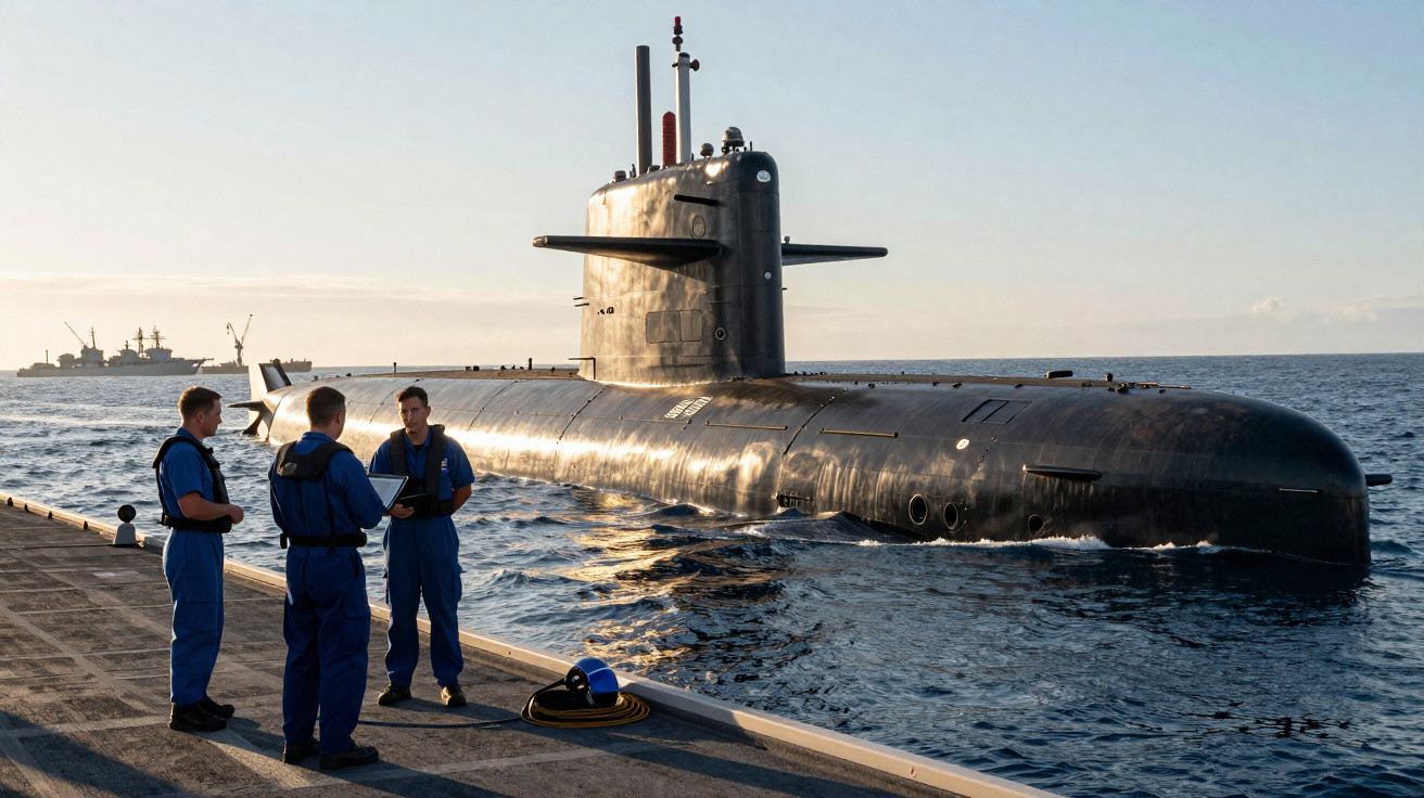 Submarino militar ao lado do cais com três tripulantes em uniforme azul a conversar no porto.