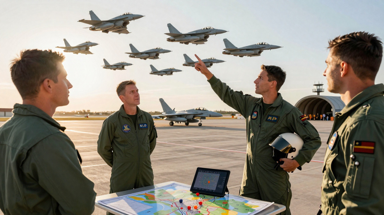 Quatro pilotos militares em uniforme discutem estratégia junto a um mapa, com caças a voar ao fundo ao pôr do sol.