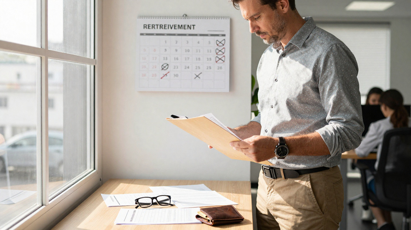 Homem a analisar documentos em escritório iluminado por janela com calendário na parede.