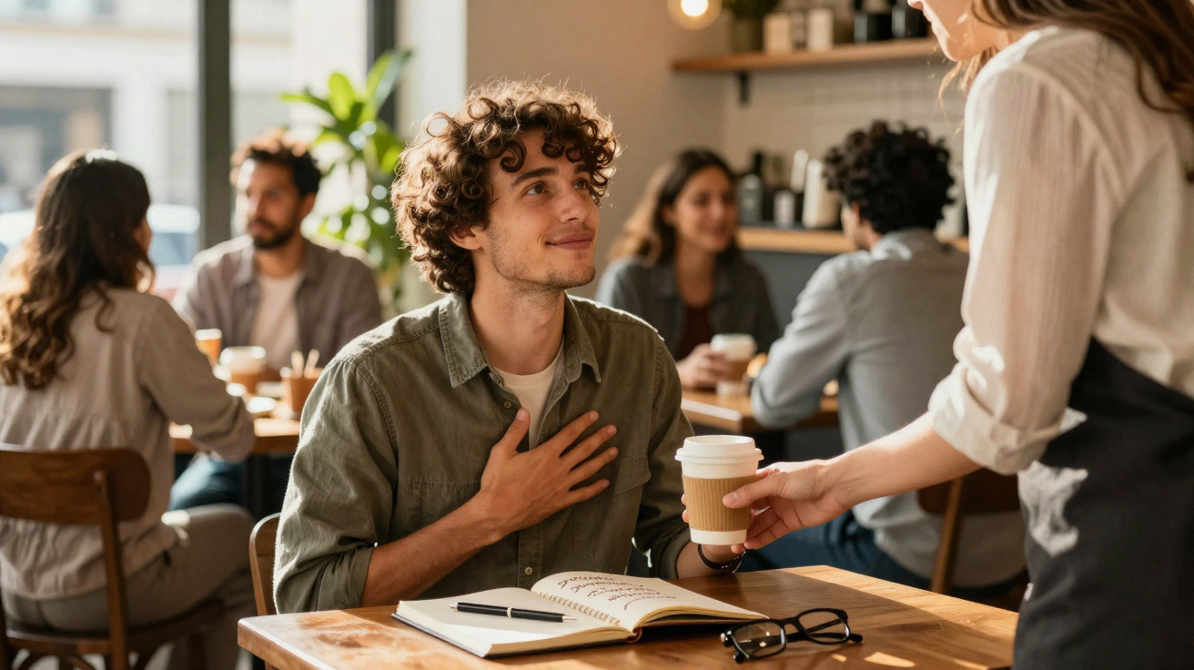 Homem numa cafetaria a receber um café servido pela funcionária, com pessoas ao fundo a conversar.
