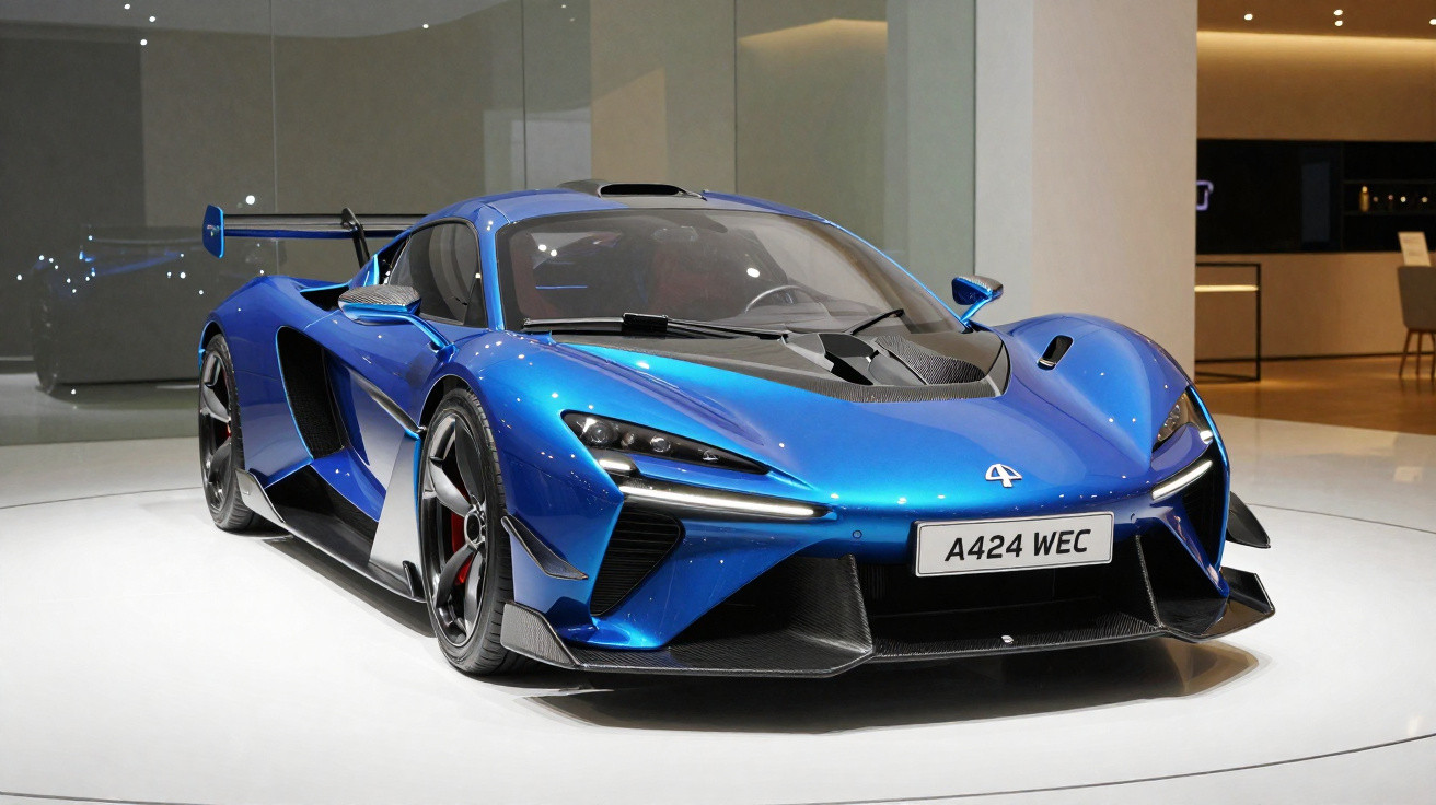 Automóvel desportivo azul metálico exposto em interior moderno com iluminação suave.