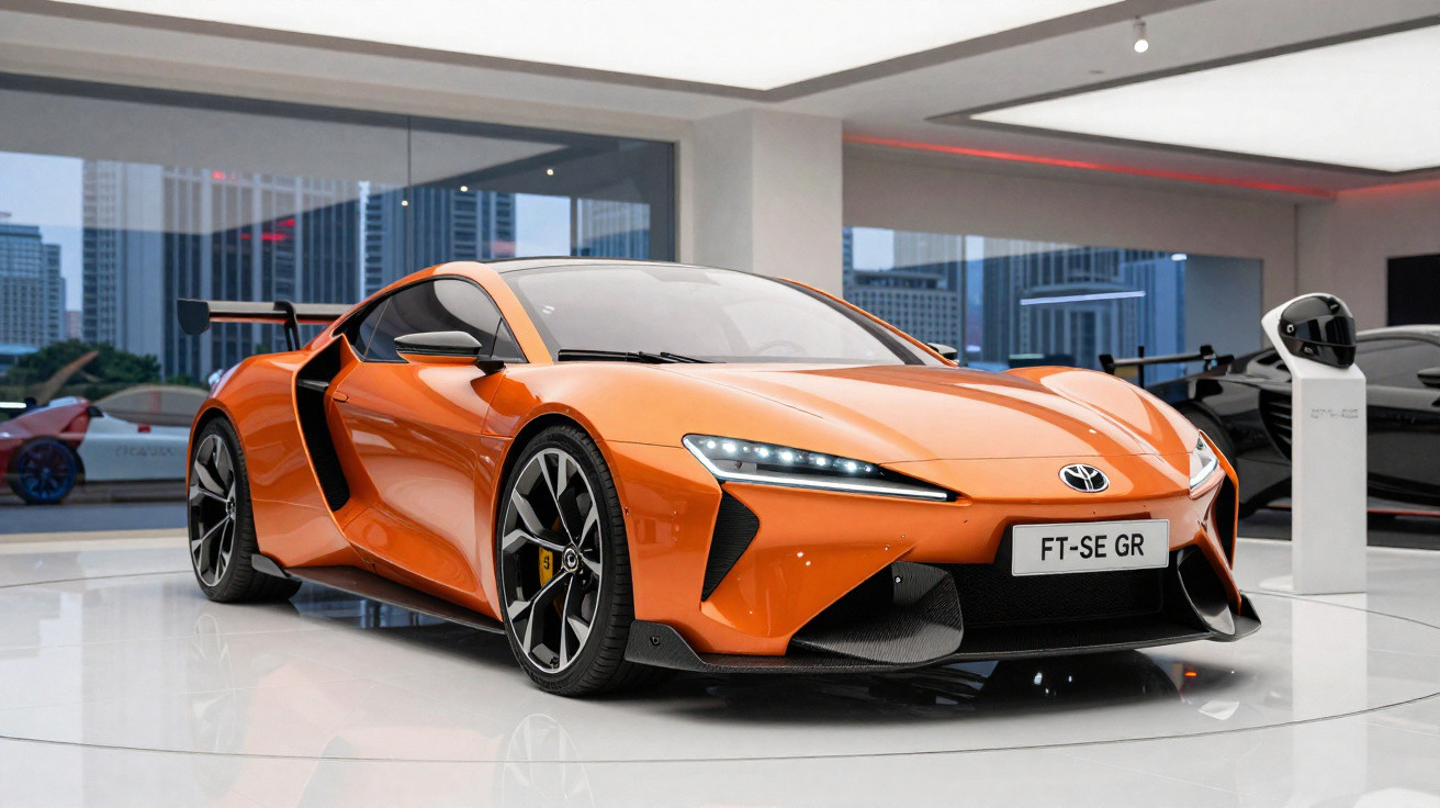 Carro desportivo Toyota FT-SE GR laranja exposto em sala com grandes janelas e piso branco brilhante.