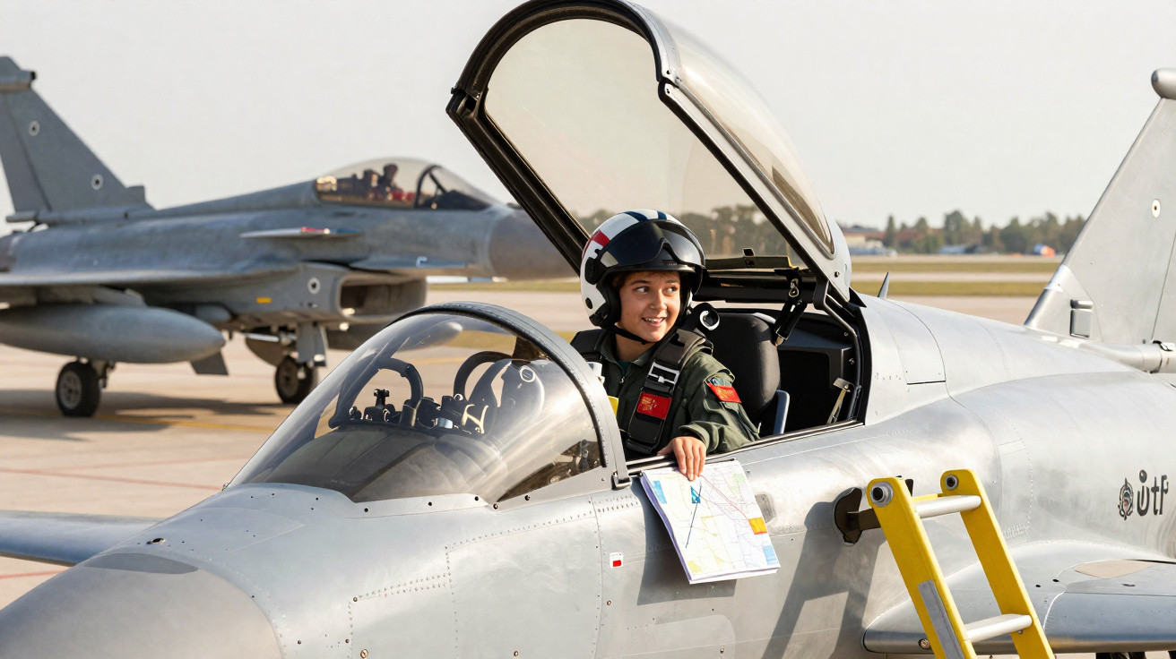 Piloto militar sorridente dentro de um avião de treino com porta aberta e outro avião ao fundo no aeroporto.