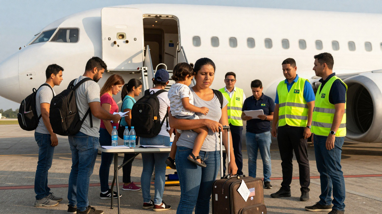 Pessoas em fila junto a avião num aeroporto, com trabalhadores de colete refletor a organizar o embarque.