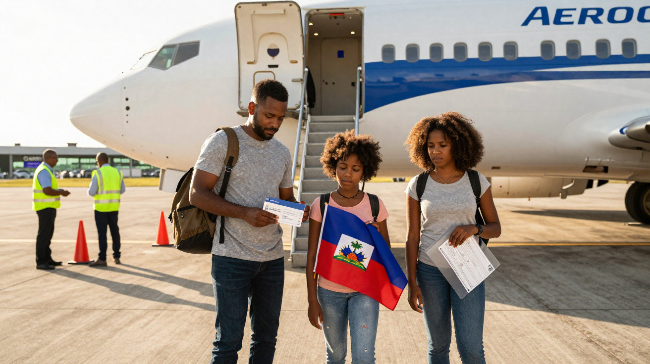 Família haitiana com bandeira, documentos e malas em frente a avião parado no aeroporto.