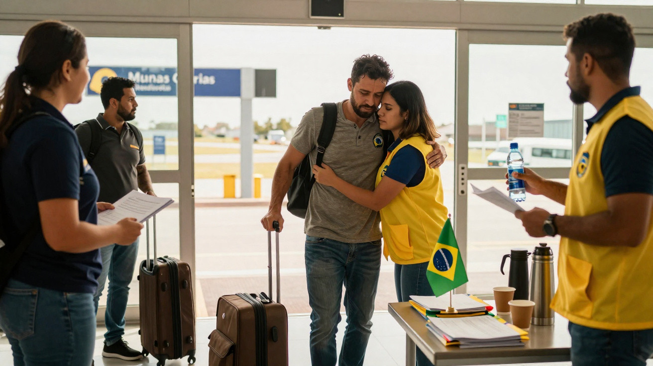 Voluntária abraça homem abatido com malas numa zona de acolhimento, com bandeira do Brasil numa mesa ao lado.