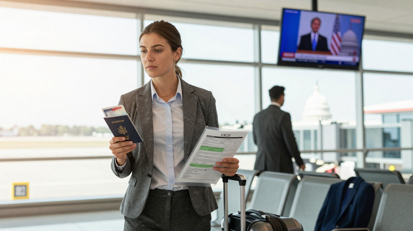Mulher de fato cinza com documentos na mão, em aeroporto com mala e outro passageiro ao fundo.