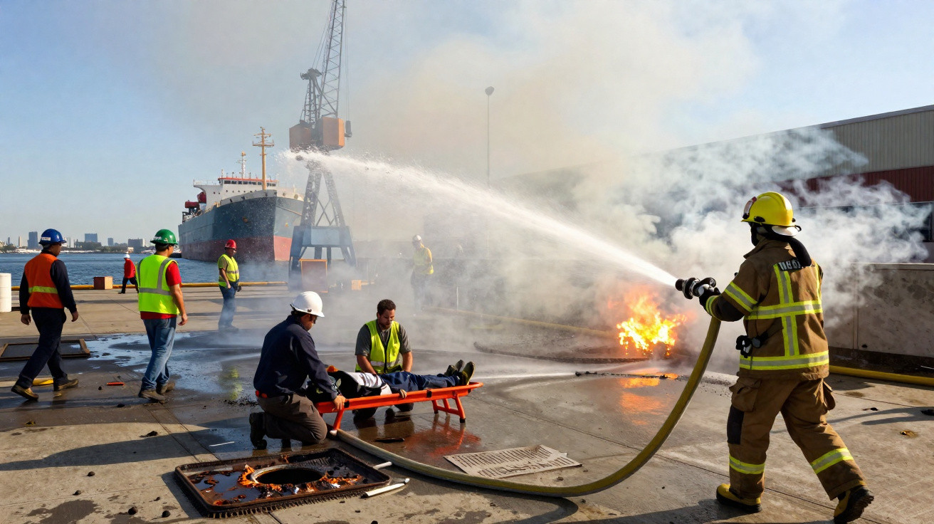 Bombeiro extingue fogo num cais com trabalhadores a resgatar ferido numa maca perto de um navio.