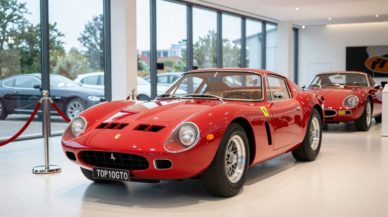Carro desportivo clássico vermelho Ferrari 250 GTO exibido num salão moderno com janelas amplas.