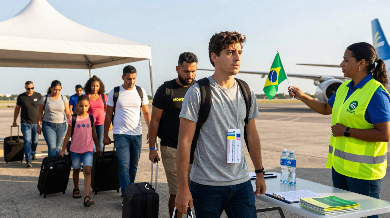 Grupo de pessoas com bagagem a desembarcar de avião, sendo saudadas com bandeira do Brasil num aeroporto.