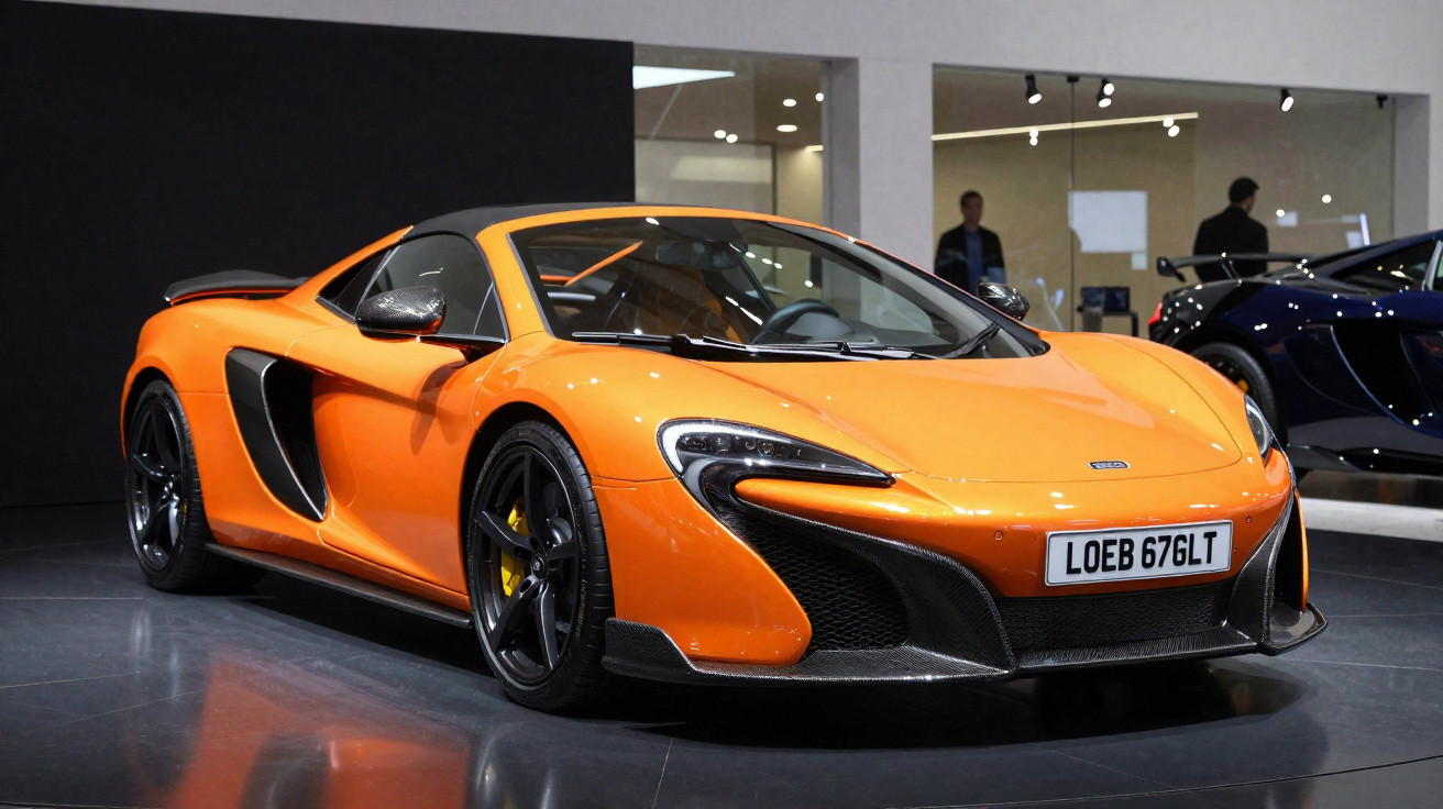 Carro desportivo laranja McLaren estacionado em chão cinzento, com detalhes em preto e jantes pretas.