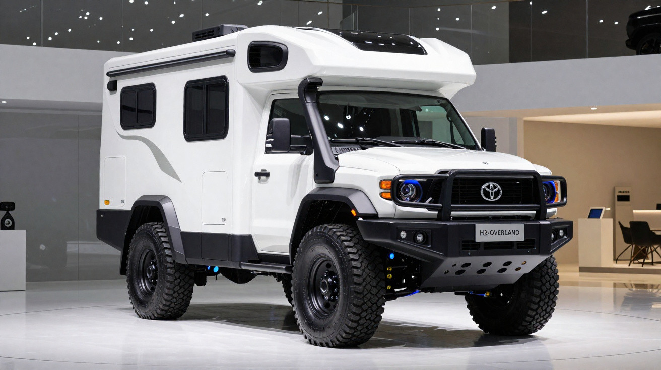 Caravana Toyota H2-Overland branca com pneus off-road exposta em salão automóvel moderno.