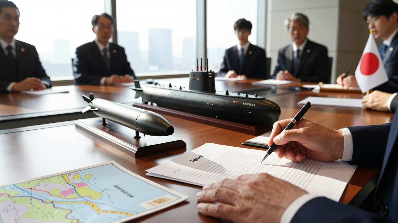 Reunião formal com modelos de submarinos, mapa e documento sendo assinado numa sala de conferências.