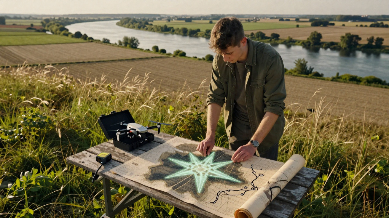 Jovem estuda mapa com estrela luminosa numa mesa ao ar livre, perto de rio e campos agrícolas.