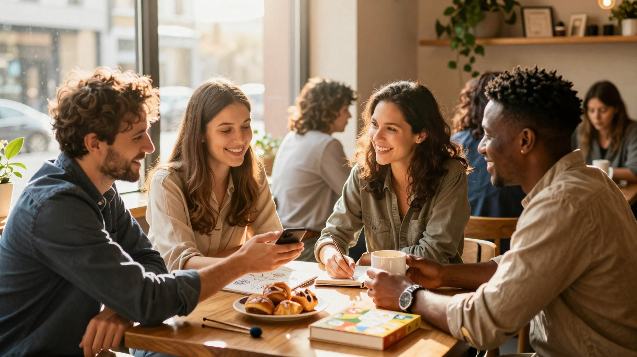 Quatro amigos sentados numa mesa de café, sorrindo e a conversar, com croissants e bebidas à frente.