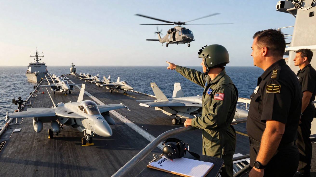 Homens da marinha observam helicóptero a voar sobre o convés de porta-aviões com aviões estacionados no mar.
