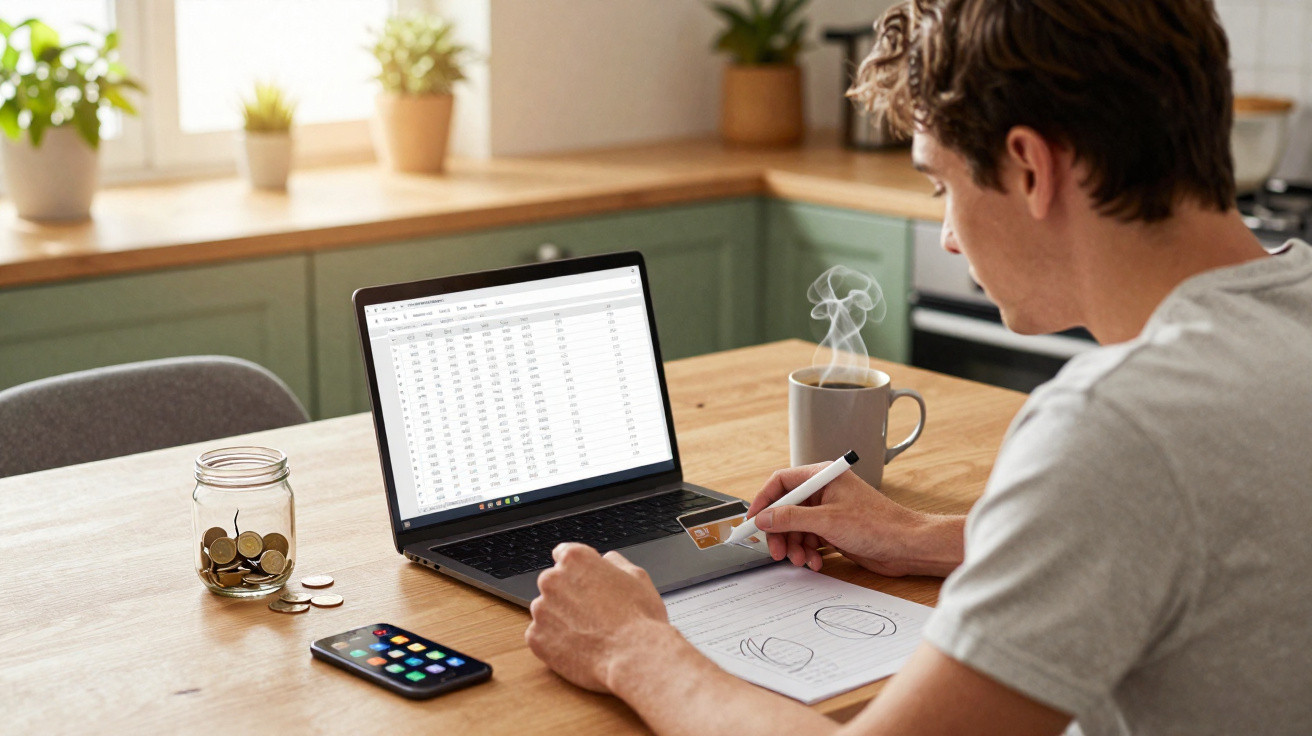 Homem a trabalhar à mesa com laptop, gráfico, smartphone, maço de notas e chá quente na cozinha.