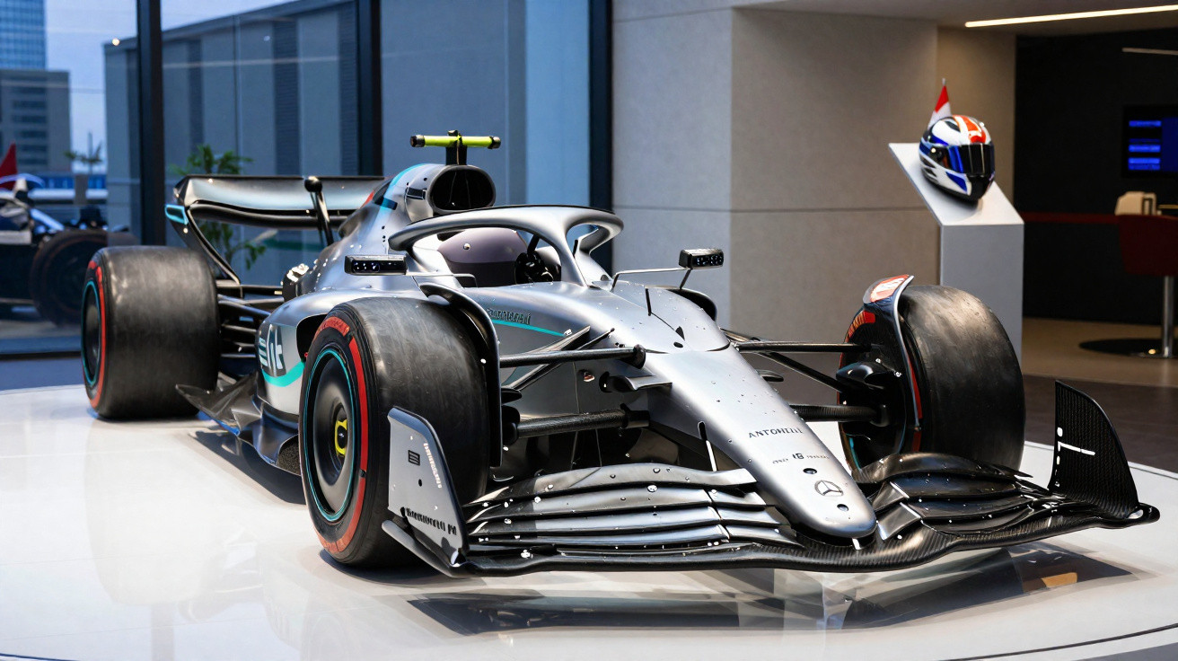 Carro de Fórmula 1 prateado exibido num espaço interior moderno, com capacete ao fundo.