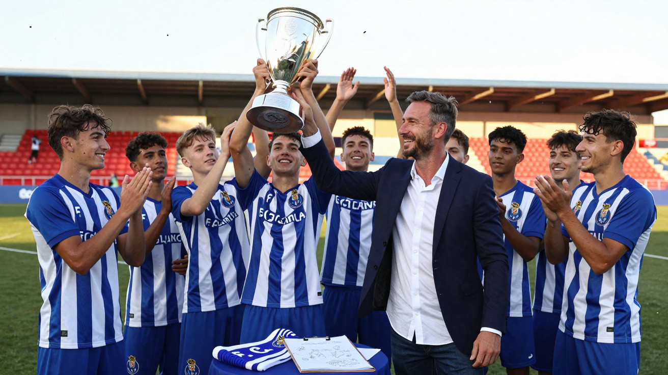 Jogadores de futebol do FC Porto celebram com treinador enquanto levantam troféu num estádio.