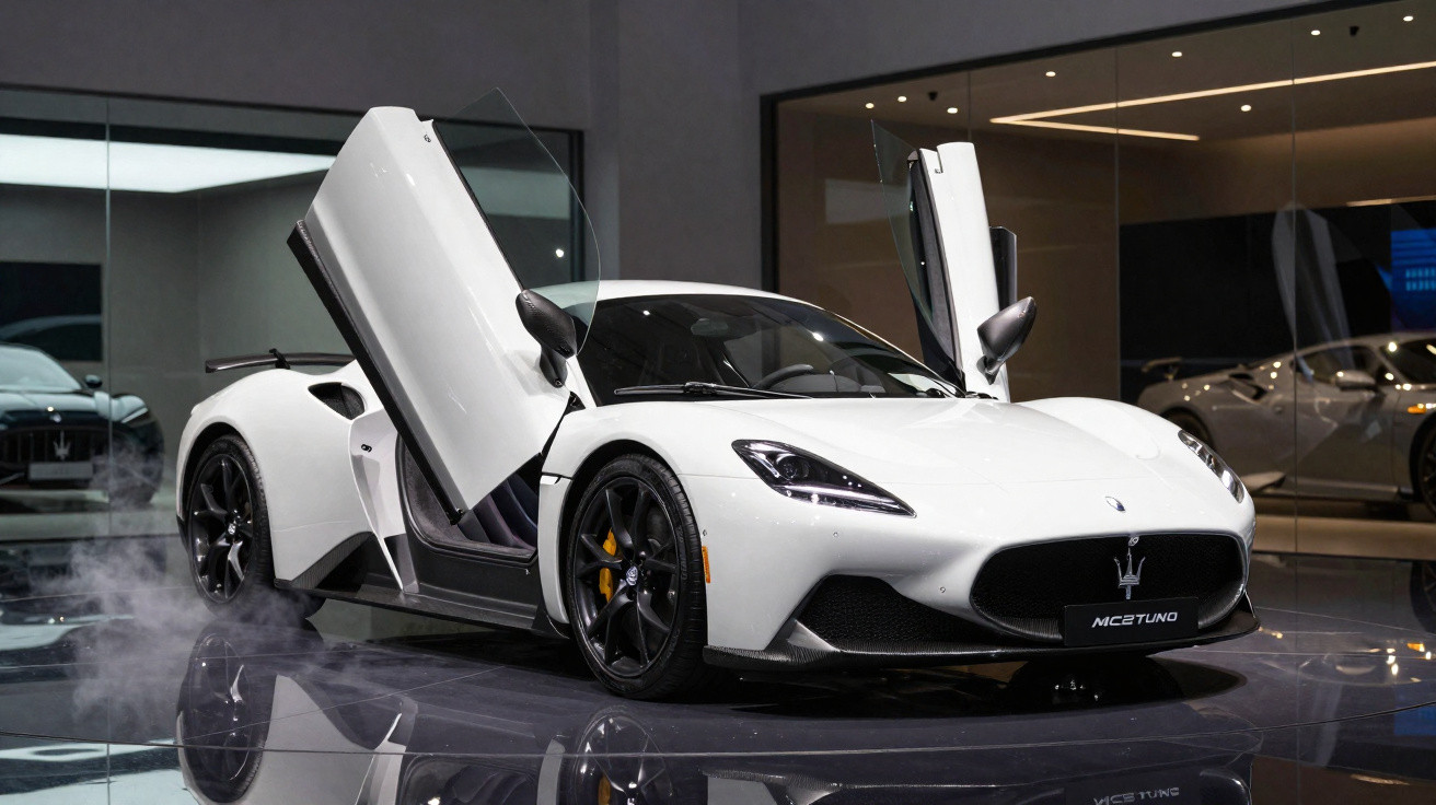 Desportivo branco Maserati MC20 com portas em asa de gaivota aberto, exibido num salão moderno e iluminado.