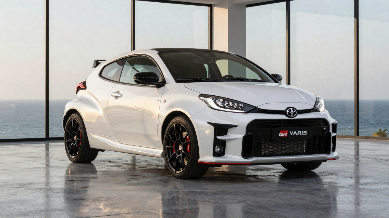 Carro desportivo branco Toyota GR Yaris estacionado em piso de cimento com vista para o mar através de janelas grandes.