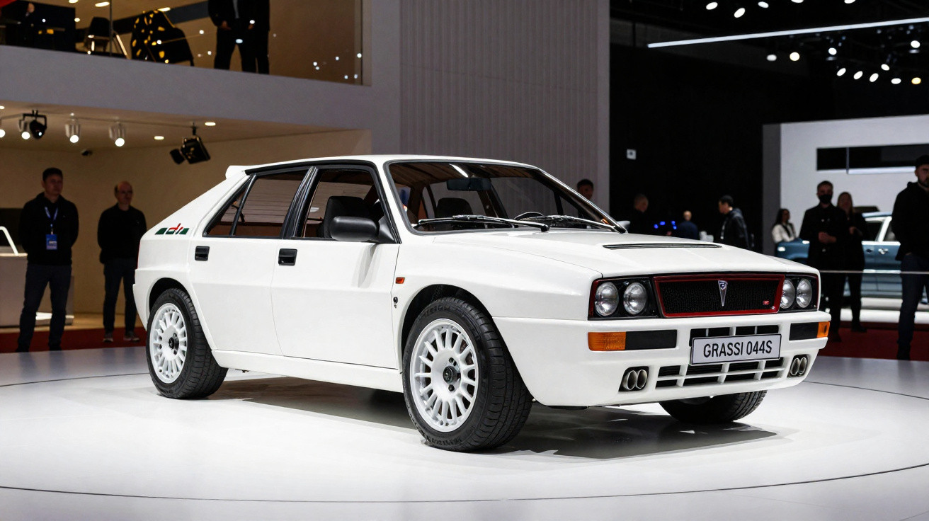 Automóvel desportivo branco Lancia Delta Integrale exposto num salão automóvel com pessoas ao fundo.