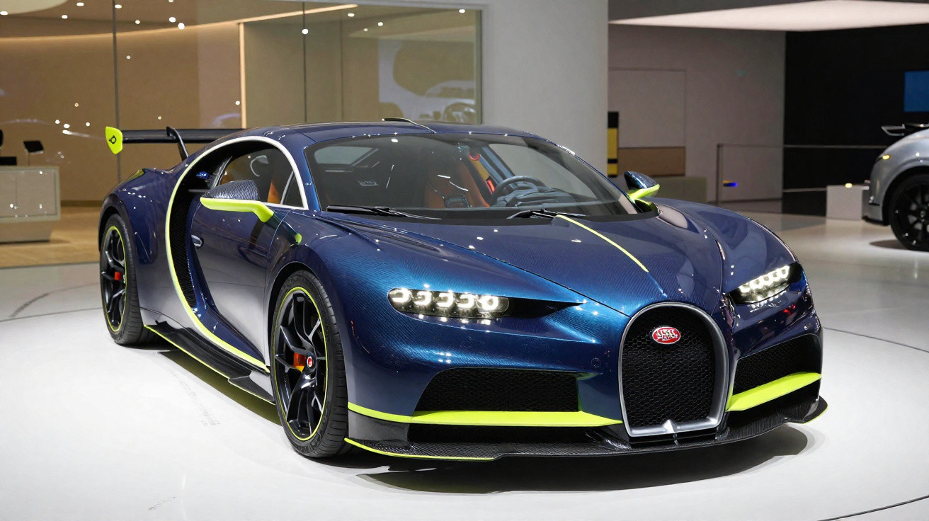 Carro desportivo Bugatti azul com detalhes amarelos exposto em salão automóvel moderno.