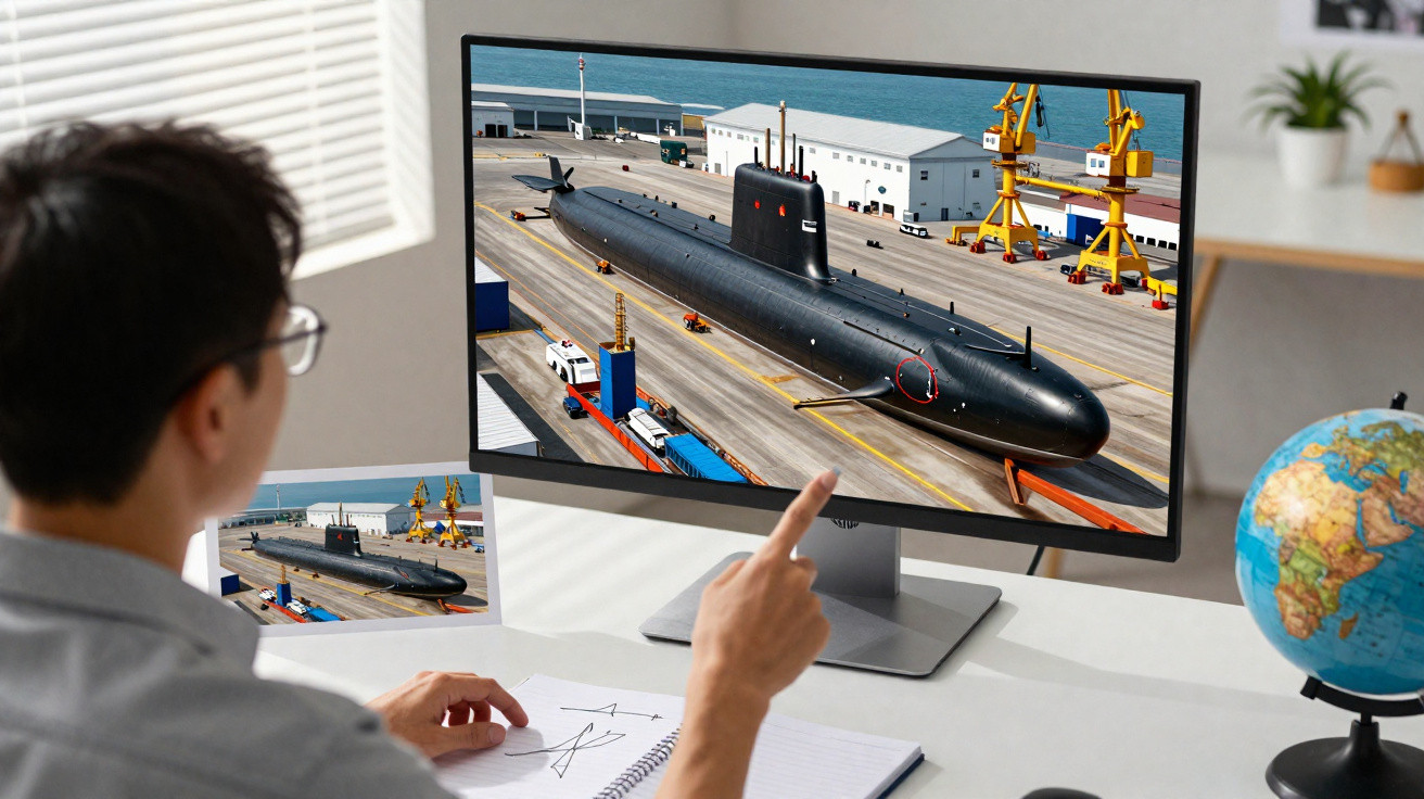 Pessoa a apontar para imagem de um submarino preto numa doca exibida num monitor de computador.