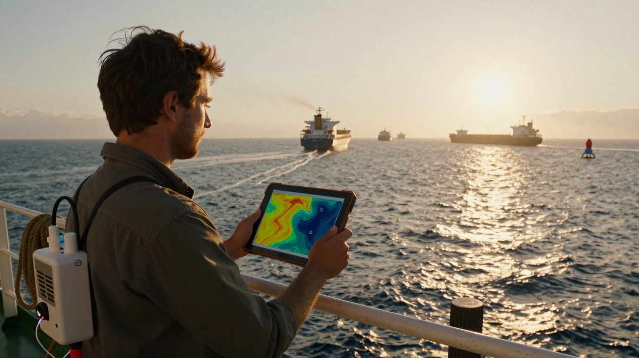 Homem na proa de um navio a usar tablet para analisar mapas marítimos ao pôr do sol.